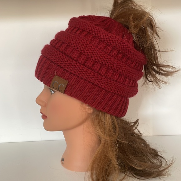 C.C. Exclusives Dark Red Maroon Color Knit Beanie with Ponytail Opening - Picture 4 of 11